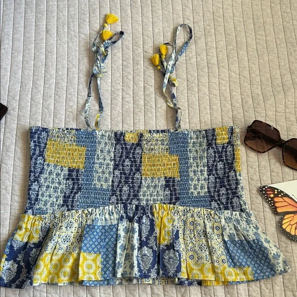 Natural life blue yellow boho floral patchwork smocked ruffle hem tops L XL - Picture 6 of 13